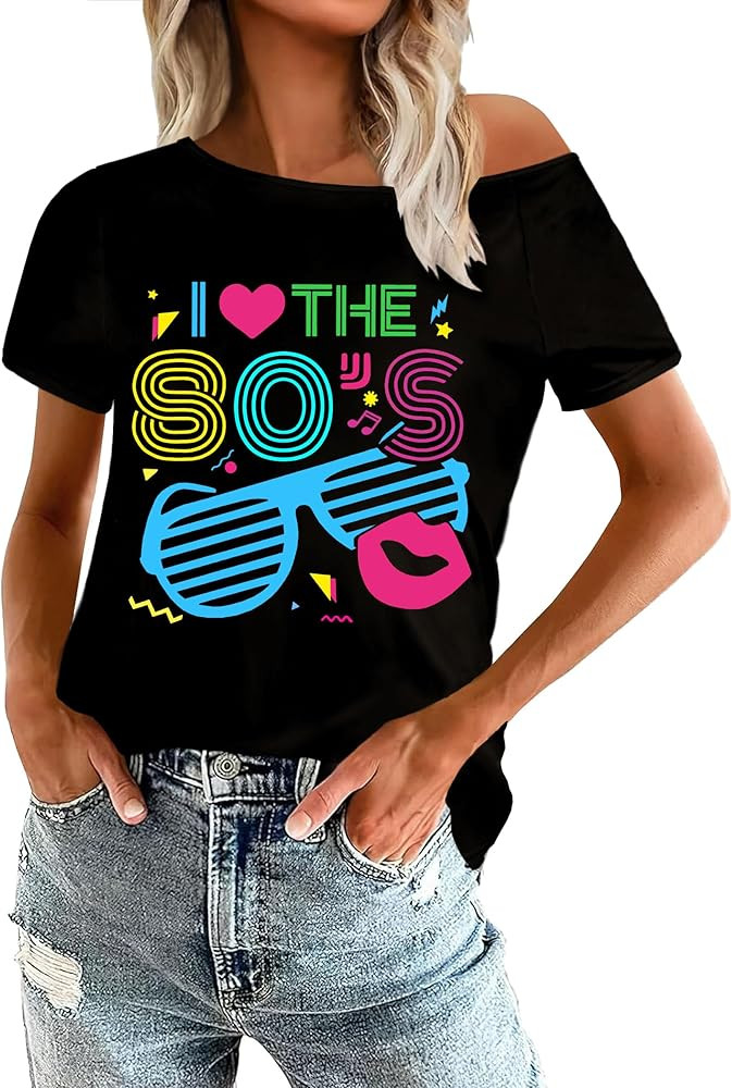 80s Shirts for Women Retro Off The Shoulder Top Disco 80s 90s Theme Party Outfit | Amazon (US)