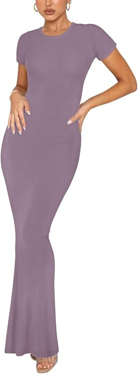 REORIA Women's Basic Summer Casual Lounge Long Dress Elegant Short Sleeve Crew Neck Bodycon Maxi ... | Amazon (US)