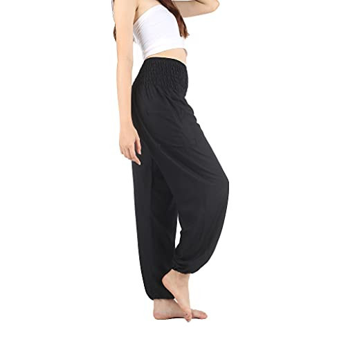 Boho Pants 2-Pocket Flowy Harem Pants Women for Yoga Travel Hippie Clothes High Waist Solid Black | Amazon (US)