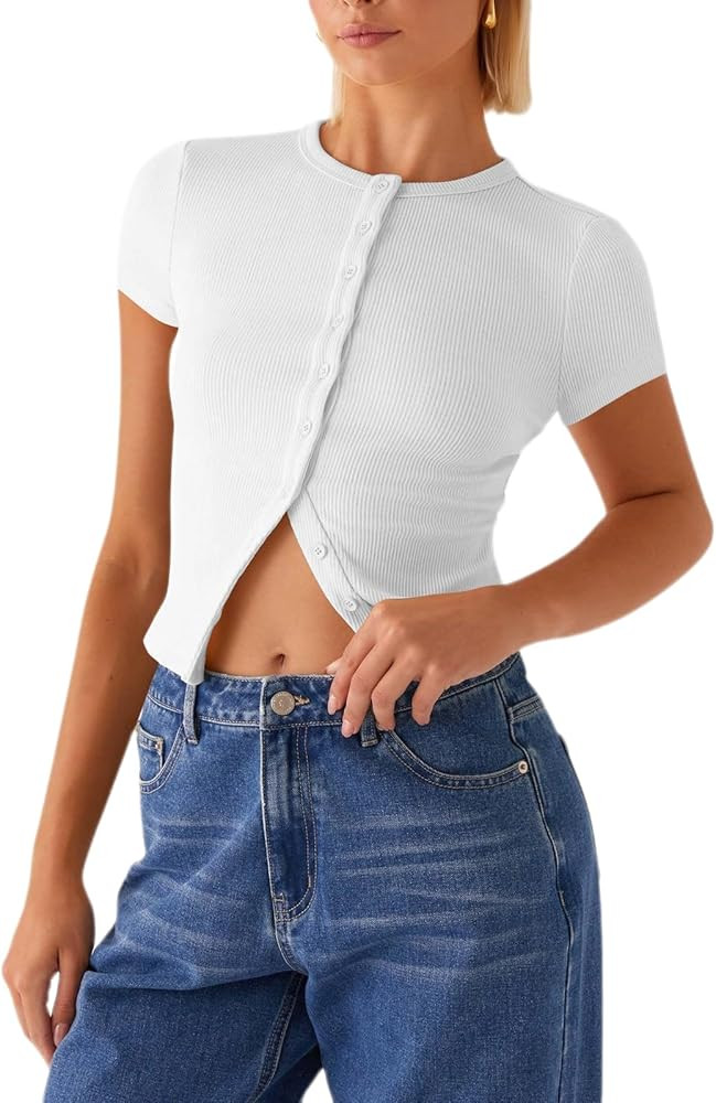 Ribbed Knit Cardigans for Women Classic Crew Neck Solid Color Short Sleeve Slimming Button Cardig... | Amazon (US)