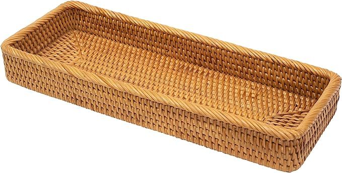 KOLSTRAW Long Narrow Tray Rattan Bathroom Trays for Counter Back of Toilet Woven Guest Towel Hold... | Amazon (US)