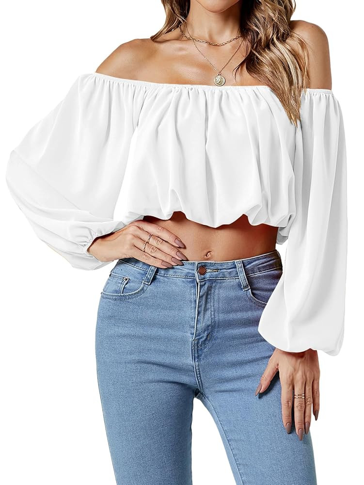 Umenlele Women’s Casual Off Shoulder Ruched Lantern Long Sleeve Crop Top Blouse Shirt | Amazon (US)