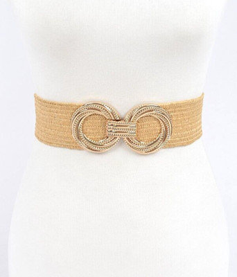 BNWT Gold Metal Buckle Natural Straw Color Elastic Belt Straw Stretch Belt | eBay US