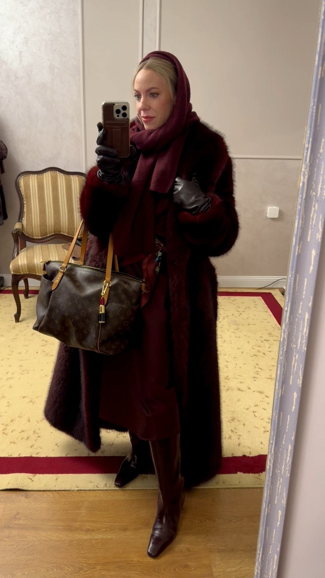 Burgundy faux fur coat, Gucci silk scarf, winter office look, workwear outfit, shearling coat, burgundy red boots, Louis Vuitton tote bag

#LTKootd #LTKWorkwear #LTKOver40