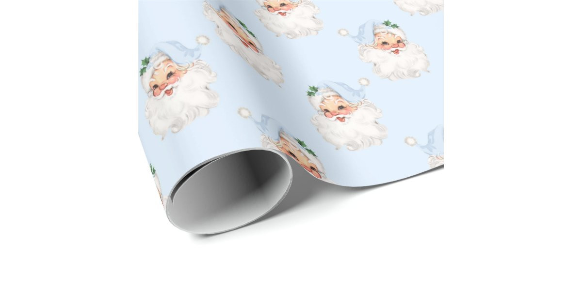 Blue Vintage Santa Christmas on Solid Blue Wrapping Paper | Zazzle