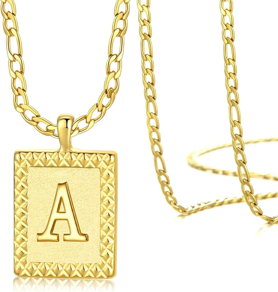 Gold Initial Necklaces for Women Men Boy Square Letter Necklaces 26 Capital A- Stainless Steel Le... | Amazon (US)
