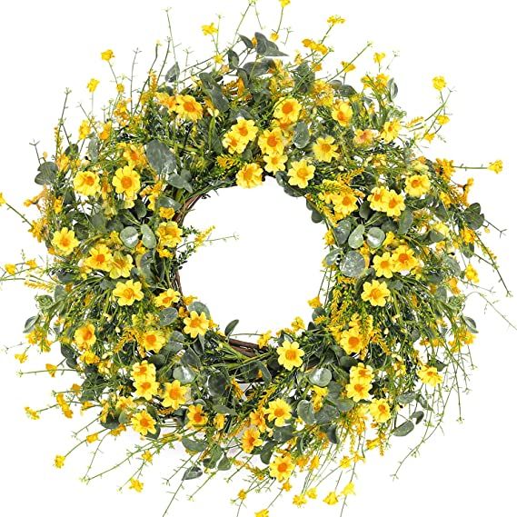 Sggvecsy Yellow Daisy Wreath 24 Inch Spring Wreath Summer Wreath Fake Silk Floral Wreath with Gre... | Amazon (US)
