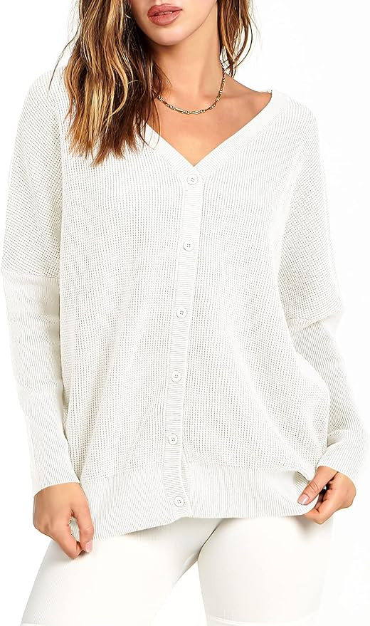 ANRABESS 2022 Fall Fashion Oversized Button Down Cardigan Long Sleeve V Neck Waffle Pullover Swea... | Amazon (US)