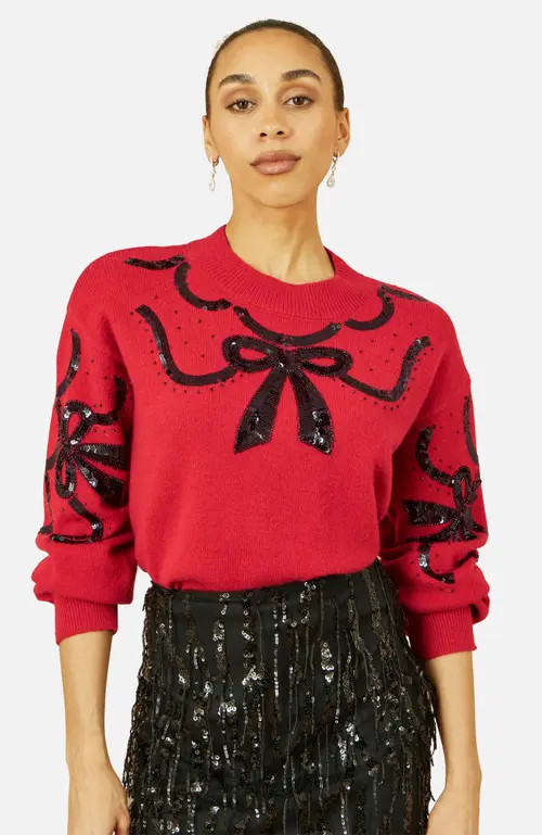 Yumi Sequinned Bow Neckline Sweater in Red at Nordstrom, Size Small | Nordstrom
