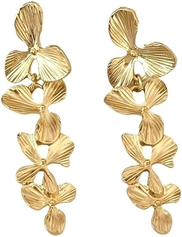 Gold Floral Clip On Earrings for Women Trendy Flower Dangle Drop Earrings Vintage Non Piercing Ea... | Amazon (US)