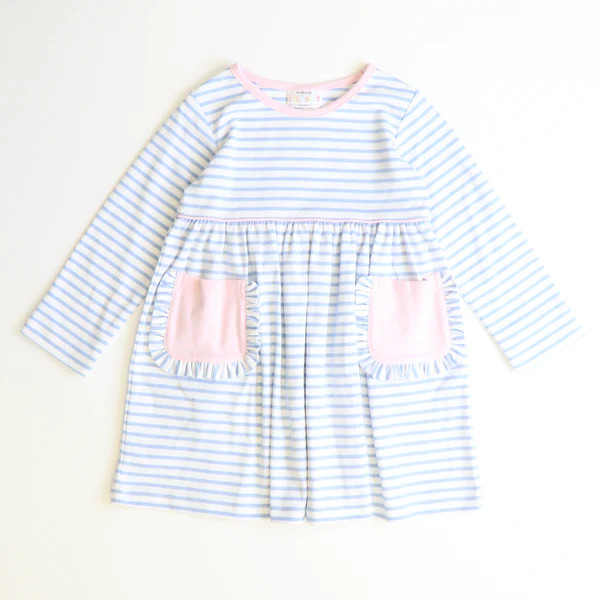 Out & About Knit L/S Pocket Dress - Light Blue Stripe | Southern Smocked Co.