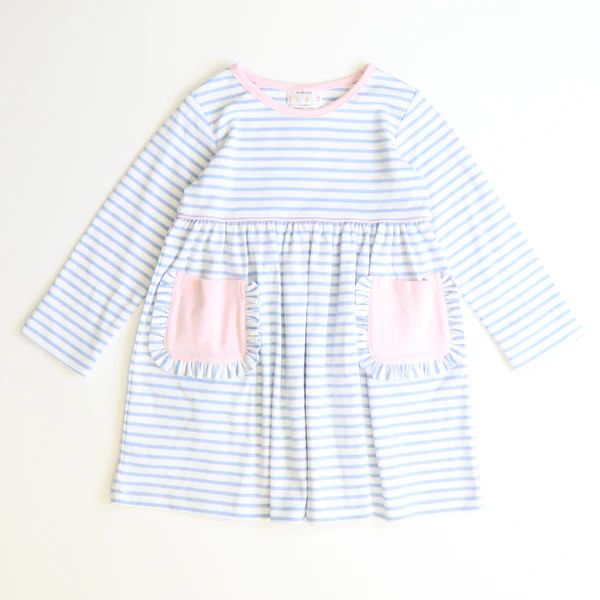 Out & About Knit L/S Pocket Dress - Light Blue Stripe | Southern Smocked Co.