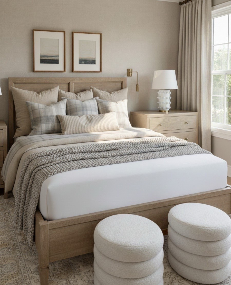 Bedroom Refresh : Shop The Look.
A timeless neutral bedroom that defines cozy sophistication.
This layered look blends warm oak furniture, plaid linen pillows, and a chunky knit throw for an effortlessly elevated transitional style. The bouclé ottomans at the foot of the bed add sculptural softness, while the brass wall sconces and ceramic statement lamps bring a touch of refined contrast.

Designed to feel calm, inviting, and polished, this space is perfect for anyone who loves neutral bedrooms with texture, modern farmhouse charm, and cozy fall-inspired decor.

✨ Shop the look:
• Oak bed frame & nightstands
• Textured plaid pillows
• Bouclé stacked ottomans
• Neutral area rug
• Brass swing arm sconces
• Hobnail ceramic table lamps
• Chunky knit throw blanket

#LTKhome #LTKsale #LTKstyletip