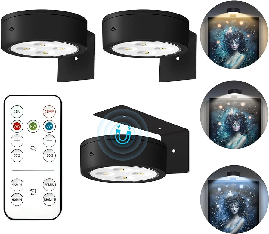 3Pcs Picture Lights for Wall Battery Operated, Magnetic Led Painting Light with Remote Dimmable a... | Amazon (US)