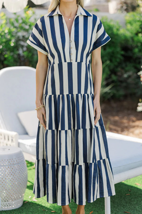 Search Your Heart Navy Blue Striped Midi Dress | The Mint Julep Boutique