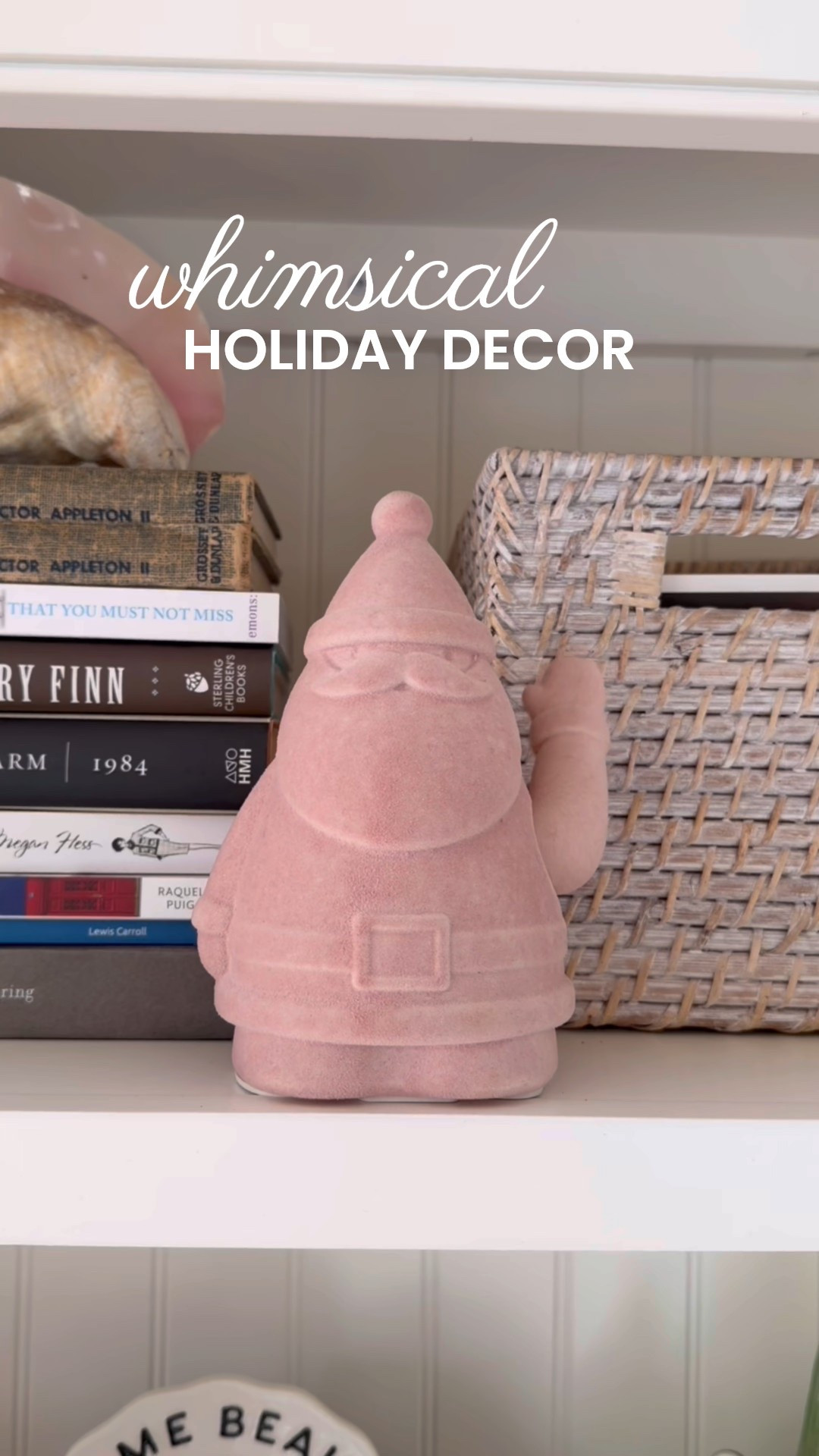 Whimsical holiday decor
Waving flocked Santa
Pink Christmas decorations and mantle decor for bookshelf 