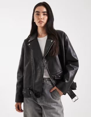 Miss Selfridge padded faux leather oversized biker jacket in black | ASOS (Global)