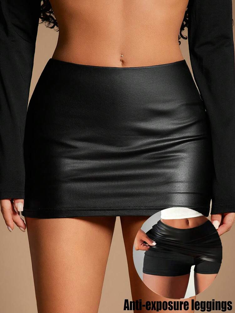 Radiana Plus Size Women's Solid Color Basic Black Sexy Casual Mini PU Tight Bodycon Skirt (With Leggings Included),Fall Clothes For Women | SHEIN