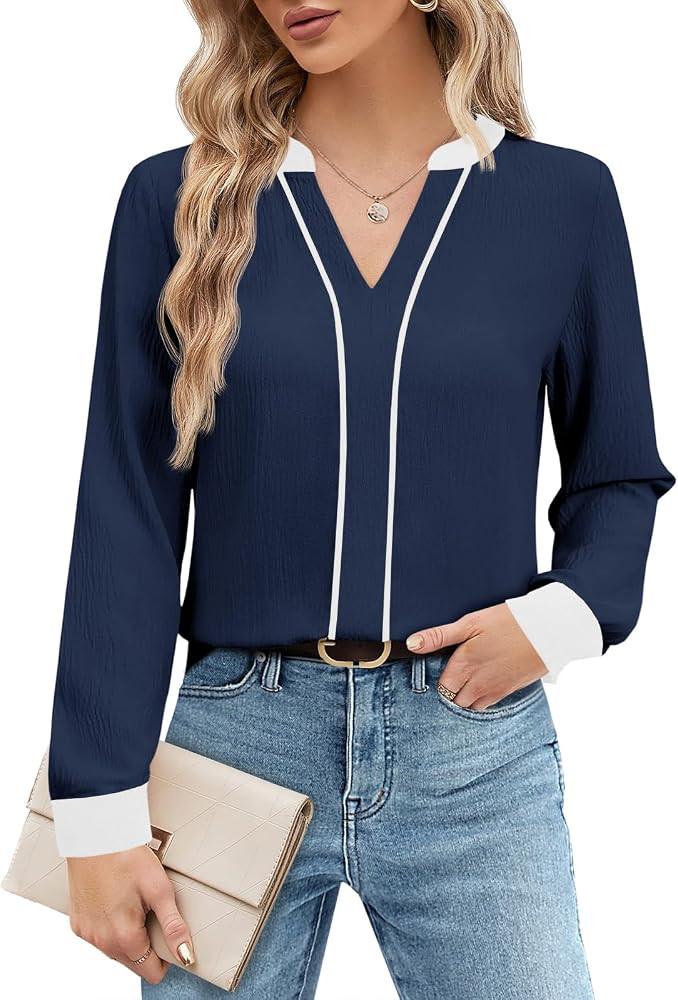 Tankaneo Womens Business Casual Tops 2025 V Neck Blouses Long Sleeve Fall Loose Work Shirts | Amazon (US)