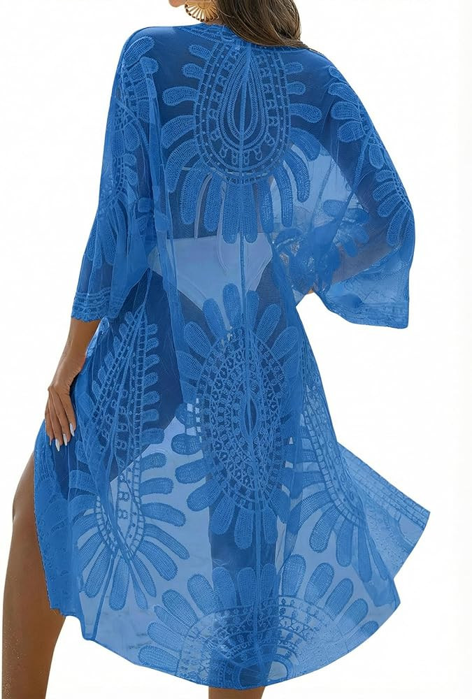 Blooming Jelly Womens Kimono Mesh Swimsuit Coverup Lace Embroidered Long Beach Cover Ups 3/4 Slee... | Amazon (US)