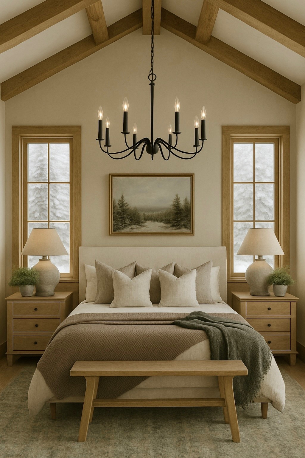 Cozy winter bedroom inspiration ❄️
Follow @farmtotablecreations on Instagram for more neutral, layered home styling ideas.

This space captures all the warm winter feels — cathedral ceilings with natural wood beams, perfectly centered chandelier, symmetrical nightstands, and a mix of textured bedding that adds depth and comfort. The snowy outdoor view completes that serene McGee & Co–inspired atmosphere, making it the perfect cozy retreat for the season.

#bedroominspo #winterbedroom #neutralbedroom #bedroomdesign #interiordecor #cozyhome #modernorganic #layeredtextures #mcgeeandcovibes #woodbeams #neutraldecor #bedroomstyle #interiorinspiration #homeinspo #bedroommakeover

#LTKHome #LTKFindsUnder50 #LTKSaleAlert