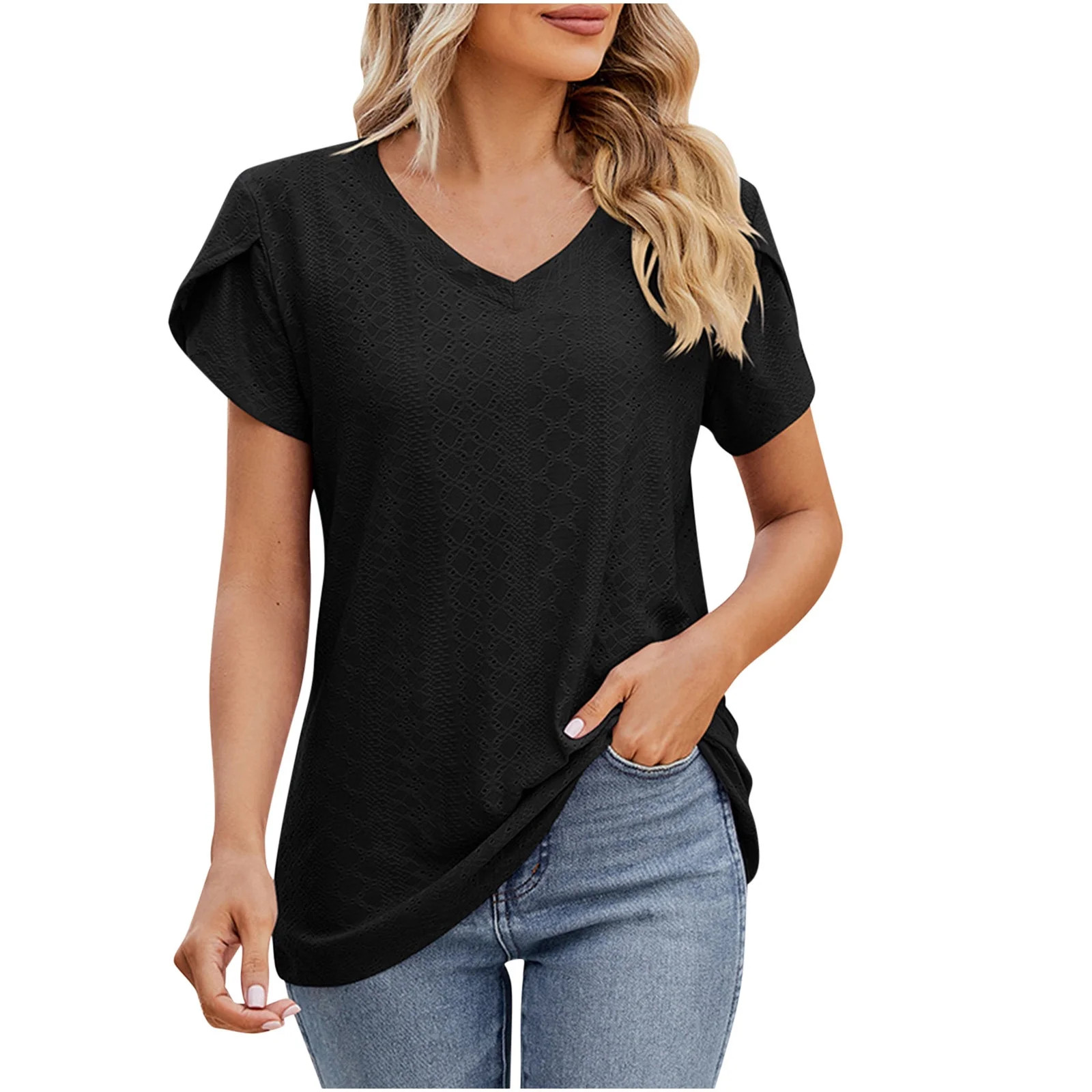 Mittory Womens Tops Short Sleeve Basic Summer V Neck T Shirts Dressy Casual Loose Fit Eyelet Tees... | Walmart (US)