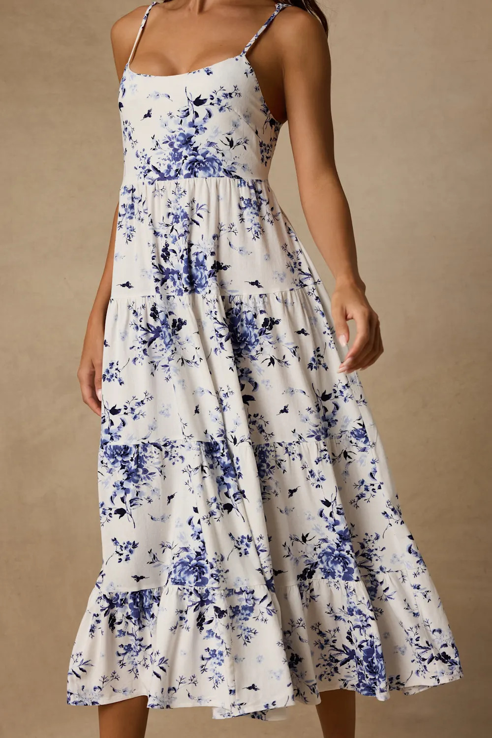 Mykonos Mood Ivory Floral Print Tie-Strap Tiered Midi Dress | Lulus