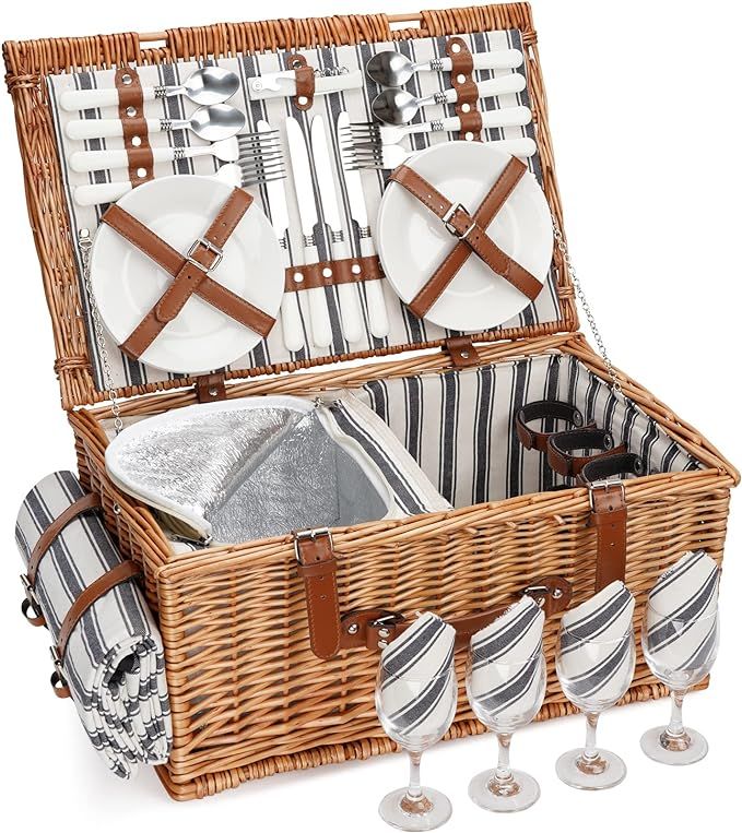 Picnic Basket for 4 Persons with Large Insulated Cooler Compartment, Picnic Hamper with Extra Pic... | Amazon (US)