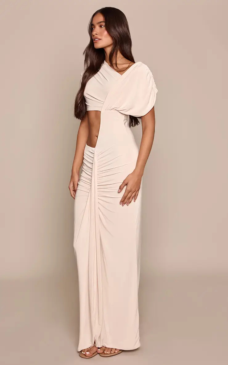 Cream Double Layer Slinky Asymmetric Cut Out Drape Maxi Dress | PrettyLittleThing US