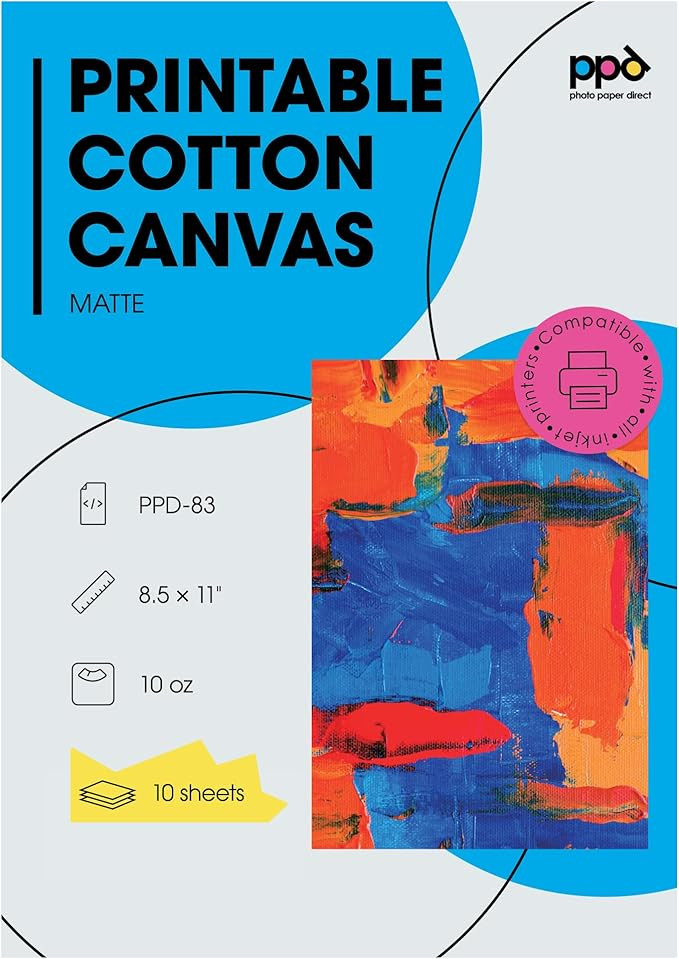 PPD Inkjet Canvas 100% Real Printable Cotton LTR 8.5 x 11" 125lbs. 340gsm 17mil x 10 sheets (PPD0... | Amazon (US)