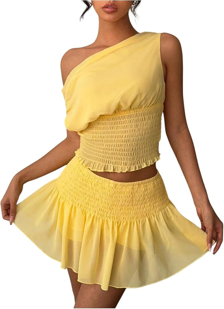 WDIRARA Women's One Shoulder Mesh Asymmetrical Tank Top and Ruched Mini Skirts 2 Pieces Outfits | Amazon (US)