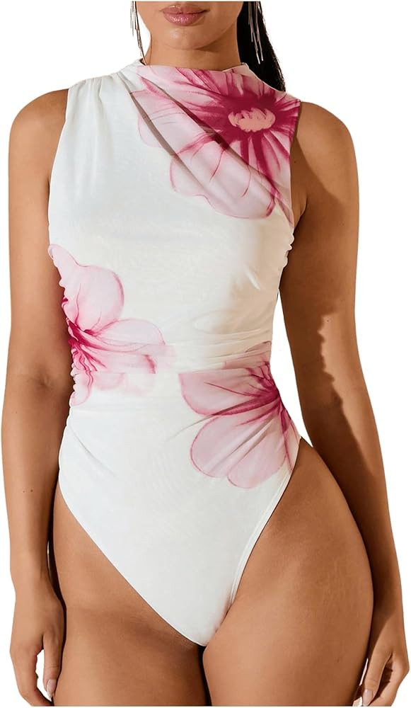 Milumia Women's Tie Dye Mesh Bodysuits Sleeveless Mock Neck Ruched Body Suit | Amazon (US)