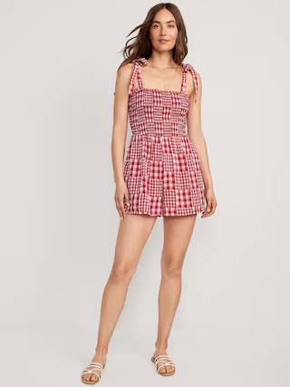 Gingham Tie-Shoulder Smocked Romper for Women -- 3-inch inseam | Old Navy (US)