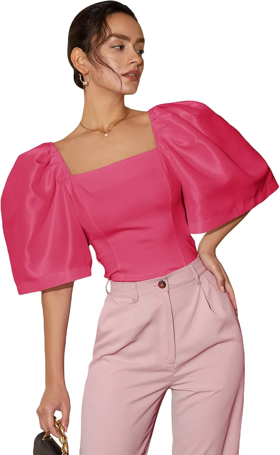 Floerns Women's Square Neck Puff Short Sleeve Elegant Blouse Crop Top | Amazon (US)