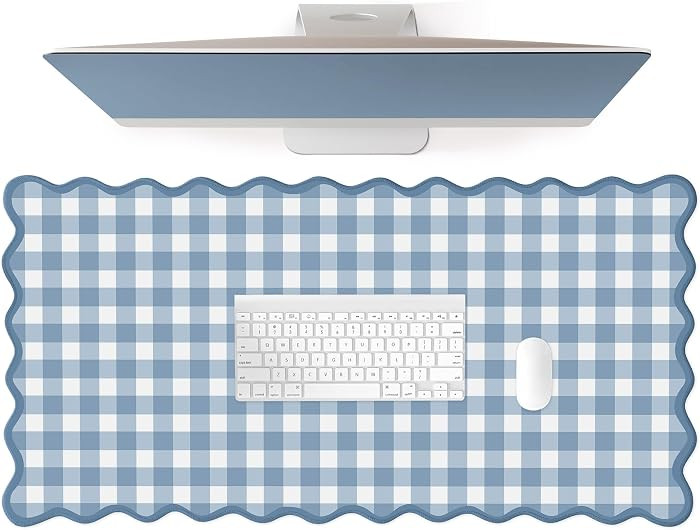 Scalloped‌ Blue Checkered Gingham Desk Mat Cute Pastel XXL Large Gaming Mouse Pad Kawaii Cottagecore ‌Vintage‌ Rustic Keyboard Computer Mat Aesthetic Desk Pad Accessories Office Decor | Amazon (US)