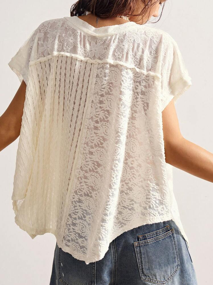 Bohemela Women's Casual V-Neck Patchwork Short Sleeve Asymmetrical Hem Loose T-Shirt | SHEIN