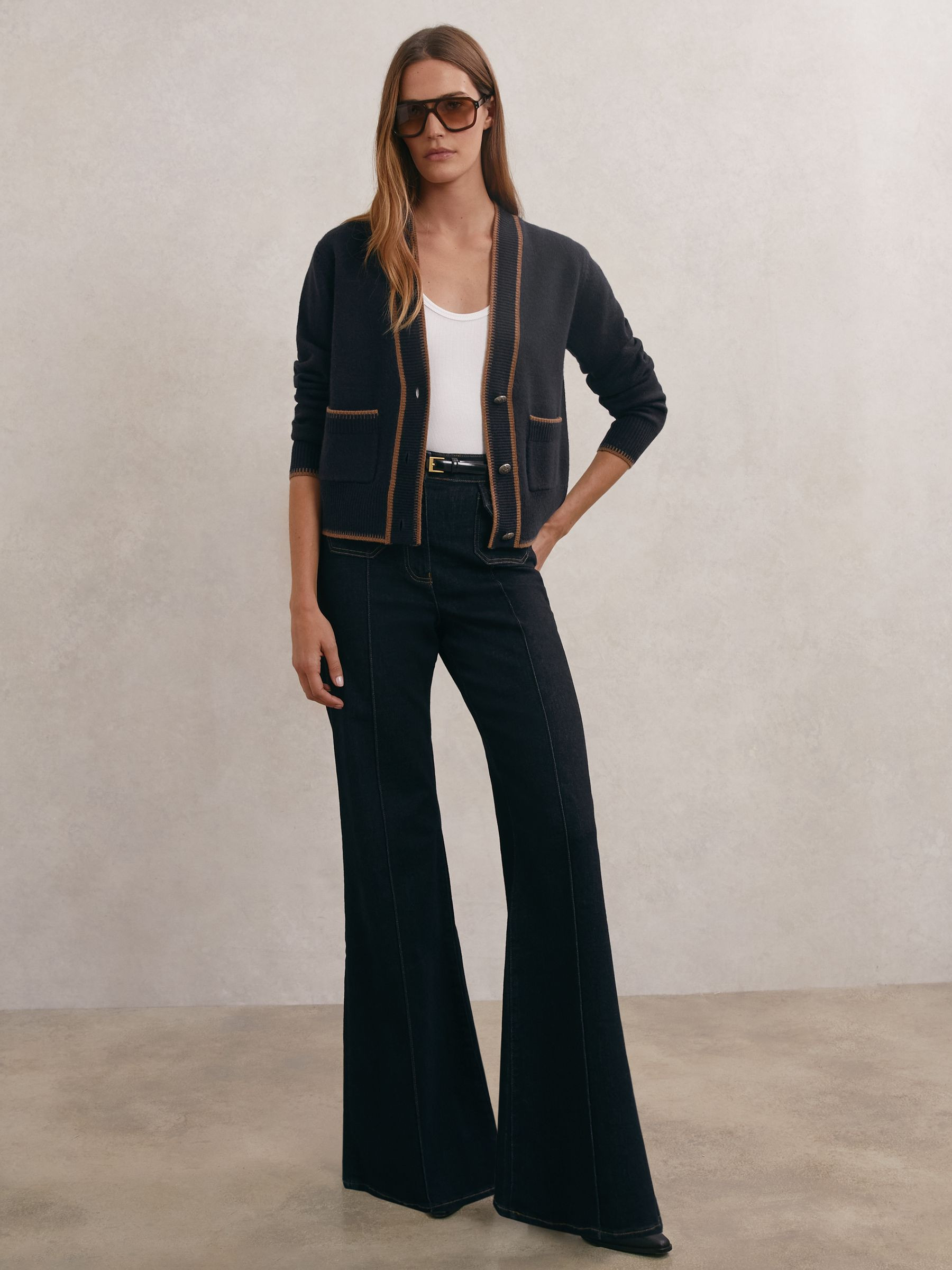 Reiss Wool-Cashmere Tipped Cardigan in Navy/Camel - REISS | Reiss UK