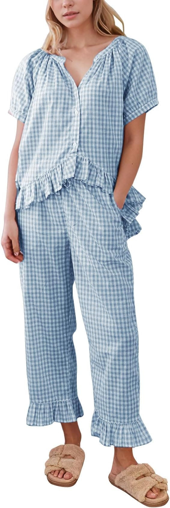 Flygo Womens Plaid 2 Piece Pajamas Sets Gingham Button Down Puff Sleeve Babydoll Shirt Ruffle Pan... | Amazon (US)