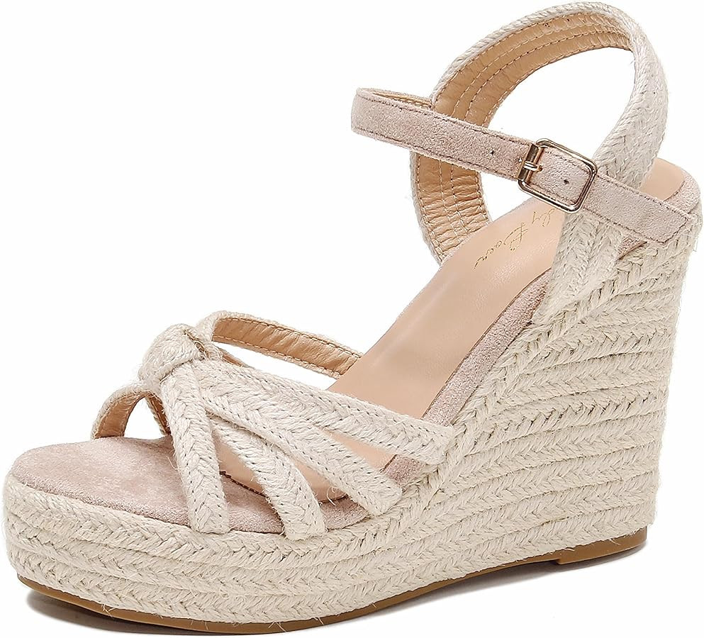 Wedge Sandals for Women with Woven Raffia Upper, High Heel Espadrille Platform Sandals with Braid... | Amazon (US)