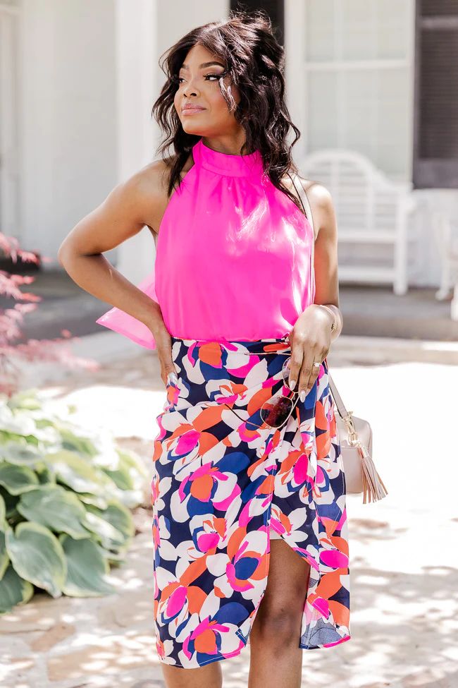Sophisticated Beauty Navy And Pink Multi Printed Midi Skirt | Pink Lily