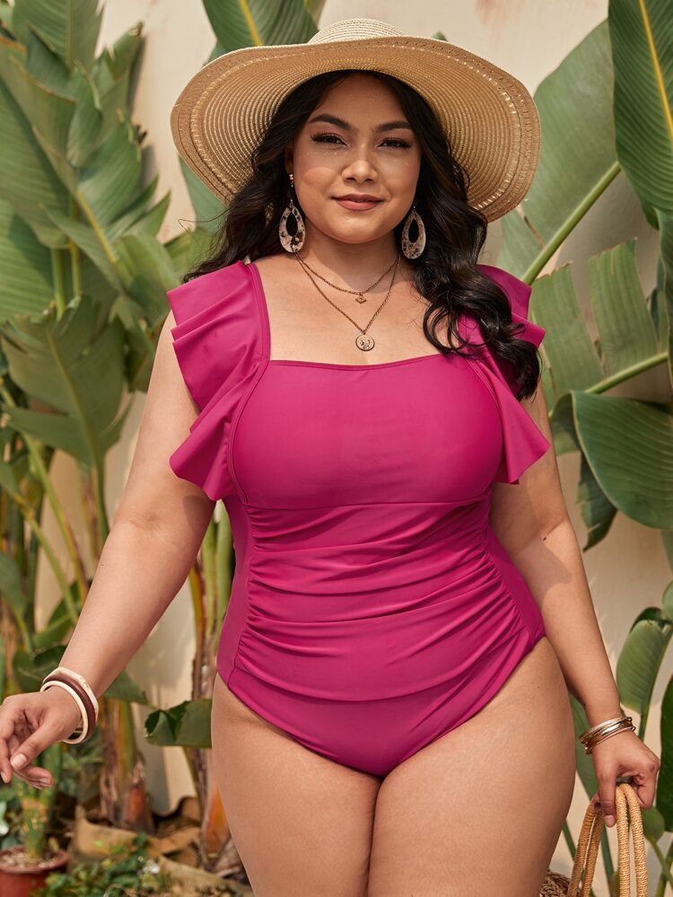 Plus Ruffle Ruched One Piece Swimsuit | SHEIN