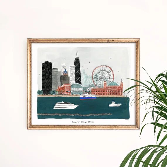 Navy Pier Art Print  Chicago Skyline Wall Art  Ferris Wheel | Etsy | Etsy (US)