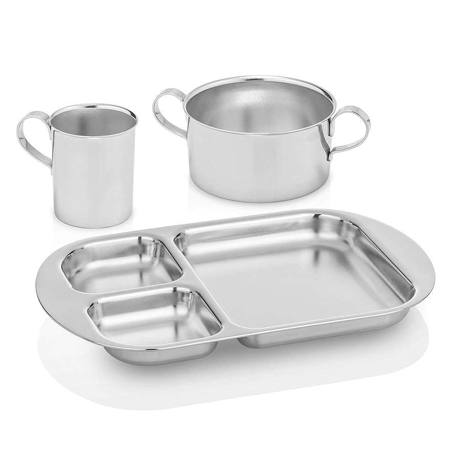 Children's Premium Stainless Steel Dinnerware Set | 1 Bowl with Handles, 1 Cup with Handle & 1 Di... | Amazon (US)