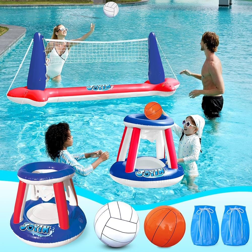 JOYIN Inflatable Pool Float Set Volleyball Net & Basketball Hoops, Balls Included for Kids and Ad... | Amazon (US)