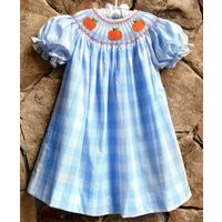 Girls Smocked Pumpkin Bishop Dress Thanksgiving Fall Blue Gingham Check Orange Boutique By Smocked A | Etsy (US)