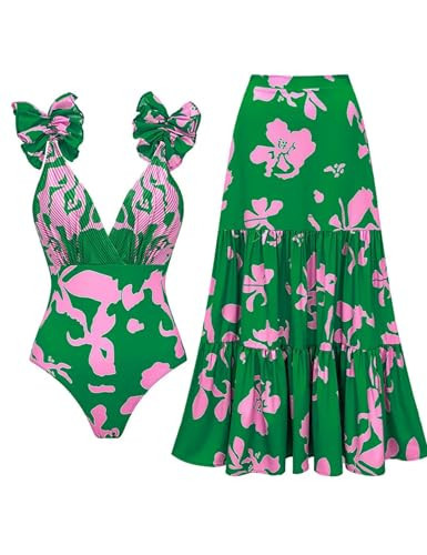 FLAXMAKER Blue and White Adjustable Shoulder Strip Plant Prints One Piece Swimsuit and Skirt/Sarong (Green,S) | Amazon (US)