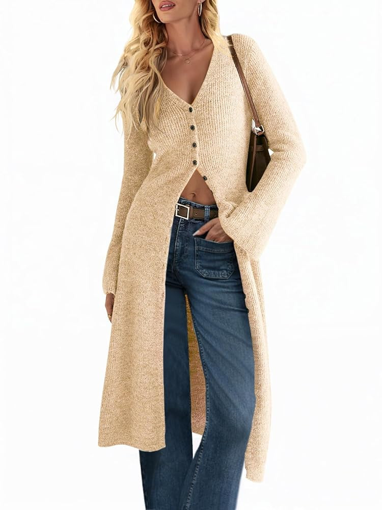 Saodimallsu Womens Long Cardigan Sweaters Oversized Bell Sleeve Open Front Button Down Casual Kni... | Amazon (CA)