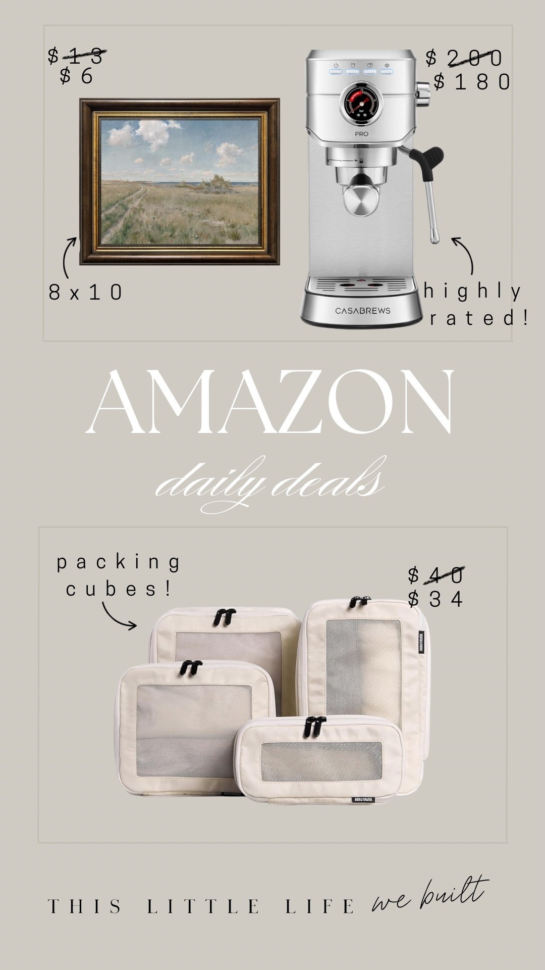 Amazon daily deals!! 


Packing cubes, wall art, espresso machine 

#LTKSaleAlert #LTKHome #LTKU