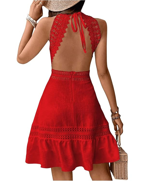 Floerns Women's Contrast Lace Sleeveless Halter Dress Backless Vacation A Line Dress | Amazon (US)