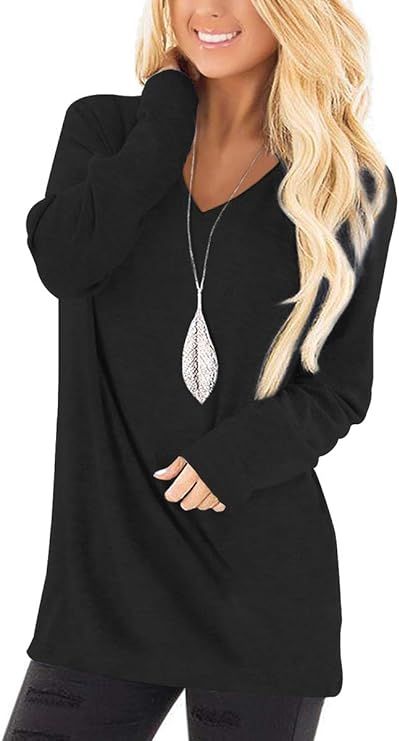 Jescakoo Tunic Tops for Leggings for Women Long Sleeve V Neck T Shirts Casual Loose Fit | Amazon (US)